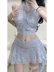 Sweet Hot Girl Sexy Suit Women's Summer Ruffle Edge Halter Neck Top Irregular Short Skirt Two-piece Set Fashion Female Clothes