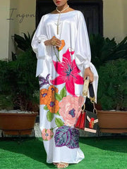 Ingvn - Women Ingvn Summer Party Dress Vintage Floral Printed Casual Loose Bohemian Beach Sundress Long Sleeve Satin Maxi Vestidos