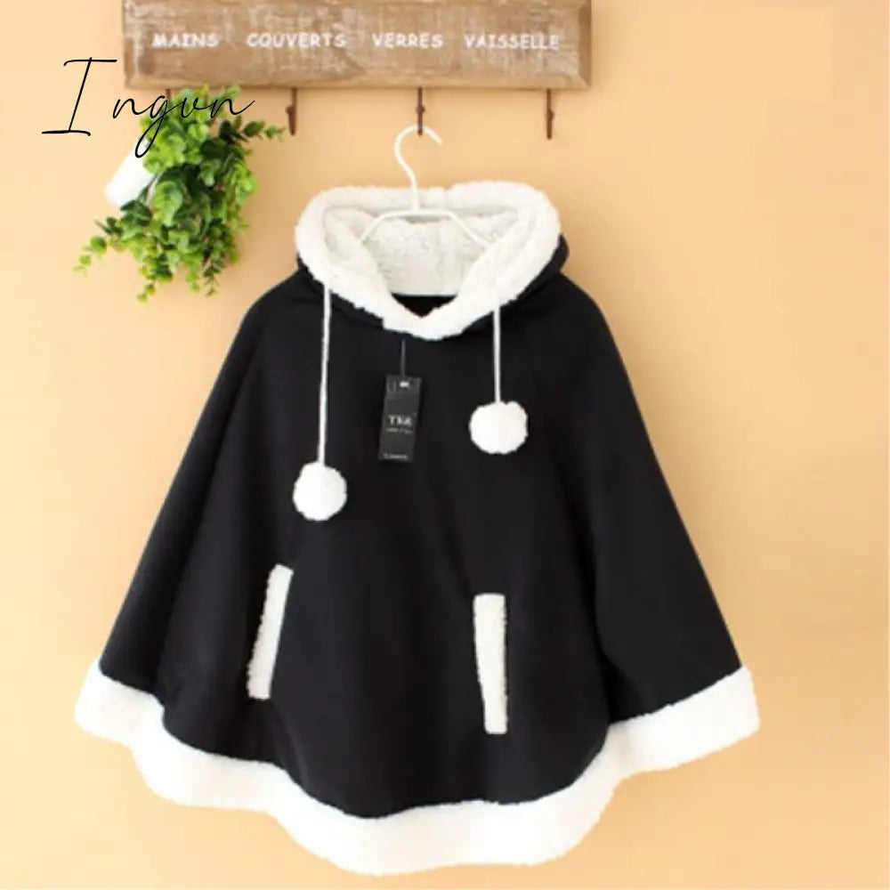 Ingvn - Lolita Cloak Harajuku Hoody Cloak Japanese Angry Cat Christmas Deer Fleece Cape Loose Pullover Batwing Sleeve Hoodie Coat