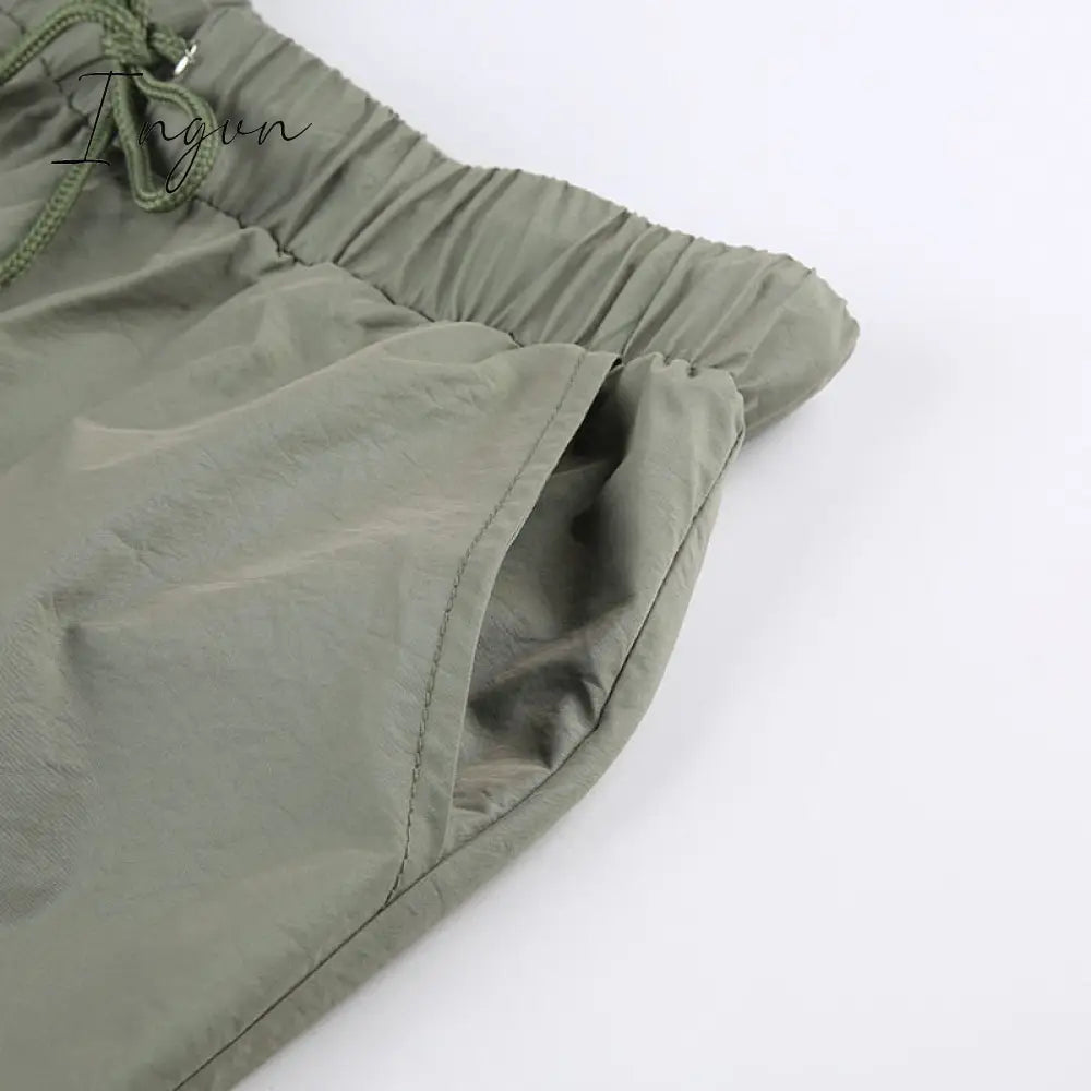Ingvn - Joggers Baggy Wide Leg Sweatpants Sets Loose Drawstring Low Waist Streetwear Cargo Pants Turtleneck Top 2 Piece Set