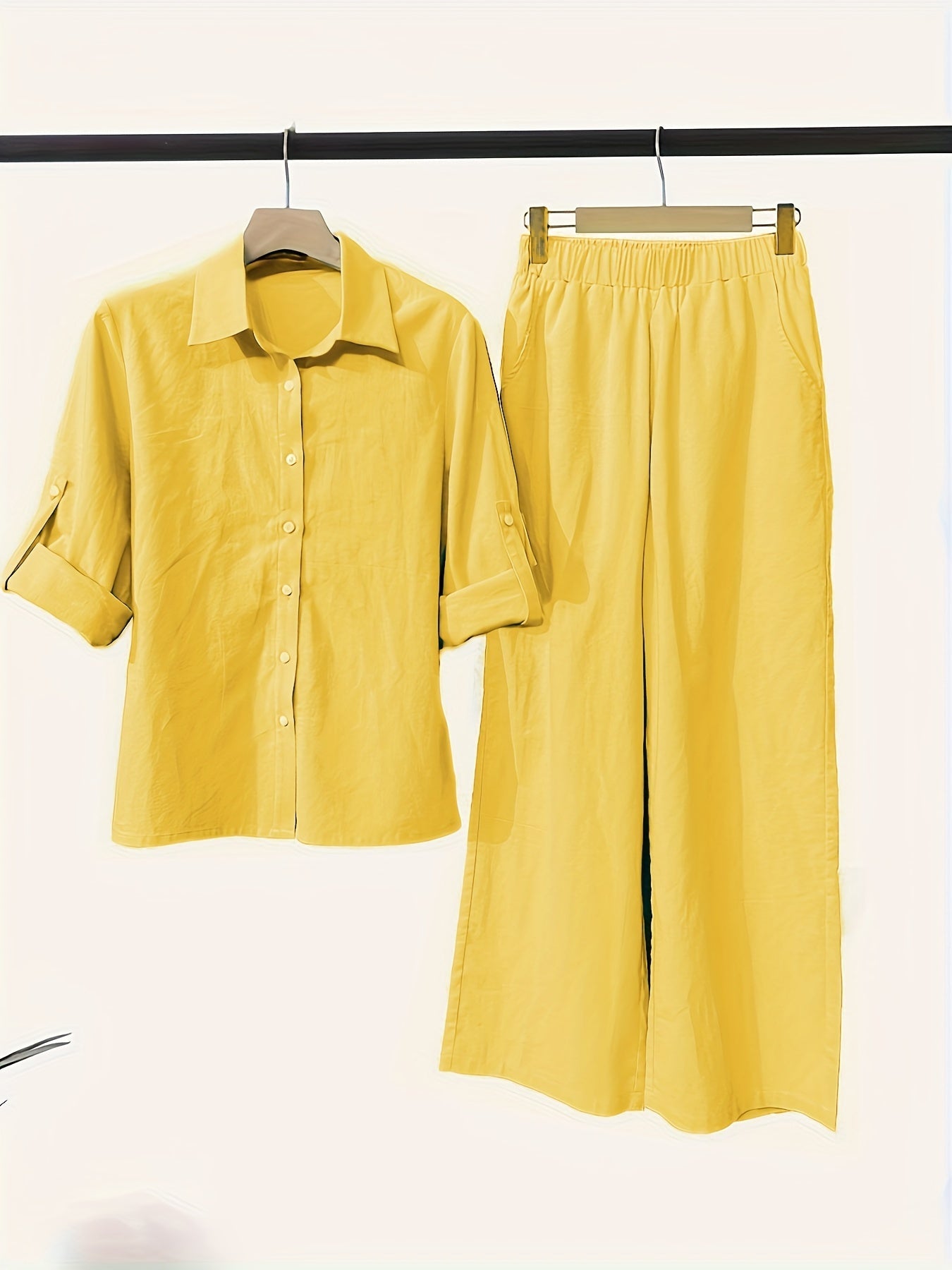 Two-Piece Solid Color Chic Pantsuit Set - Women's Casual Long Sleeve Shirt & Elastic Waist Pants Outfits with Comfortable Fabric and Versatile Style for Daily Wear