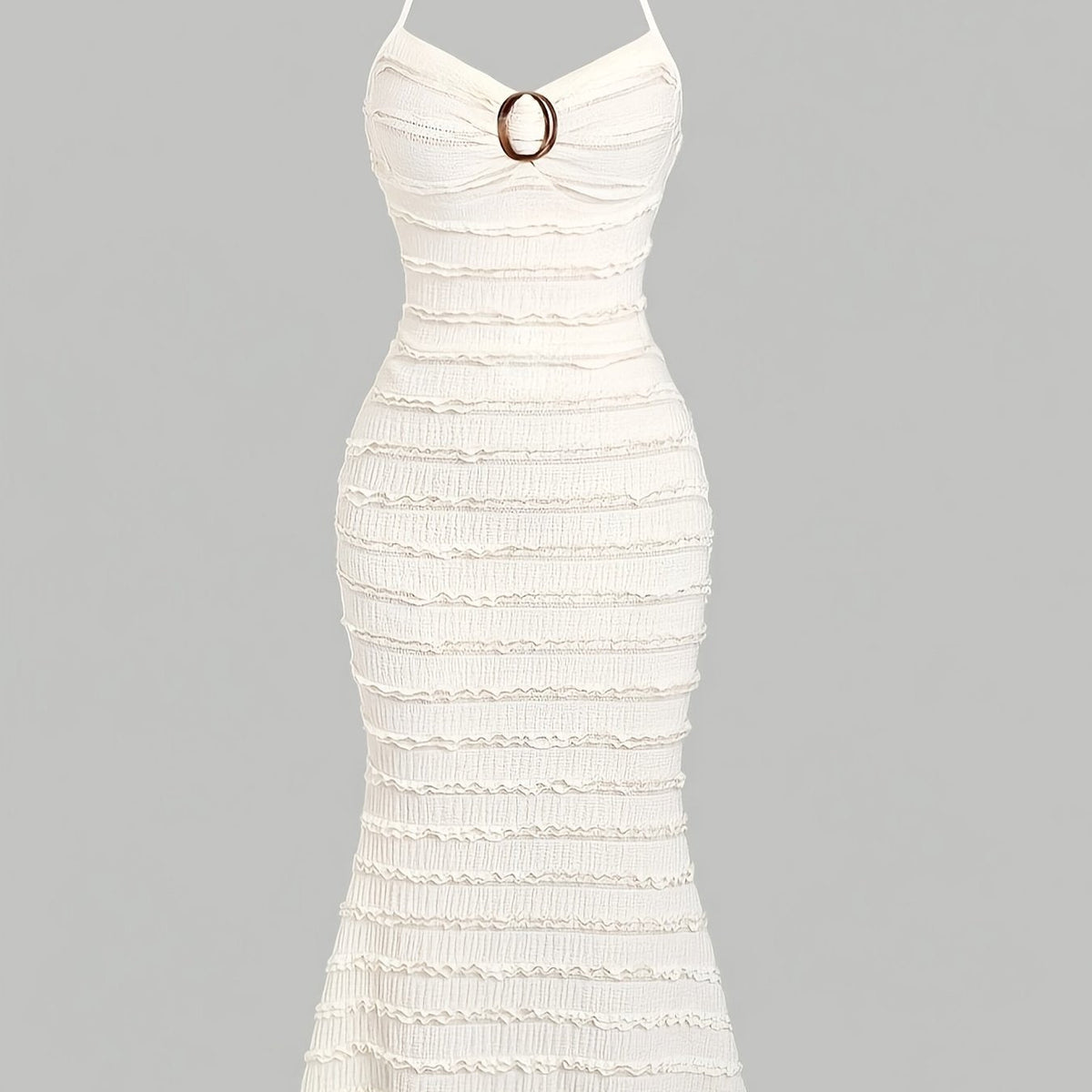 [1pc Elegant Ruffle Neck Dress] 1pc Elegant Polyester Halter Neck Dress with Ruffle Trim and Ring Detail, Summer Knit Fabric Bodycon Solid Color Evening Gown for Women