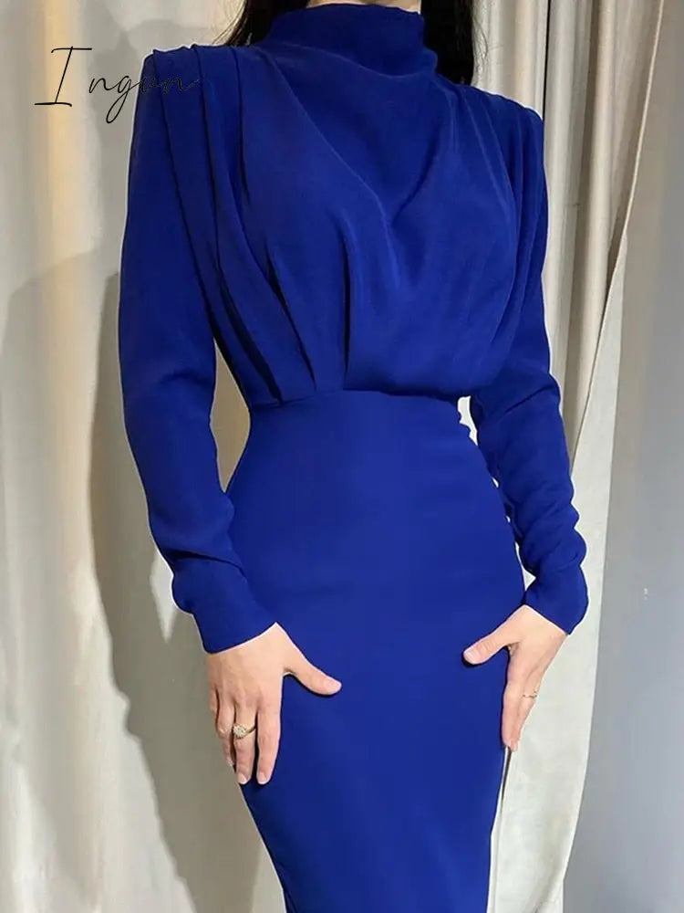 Ingvn - Elegant Women Dress Stand Collar Slim Waist Solid Blue Ankle Length Autumn Long Sleeve Casual Party Dress Fashion