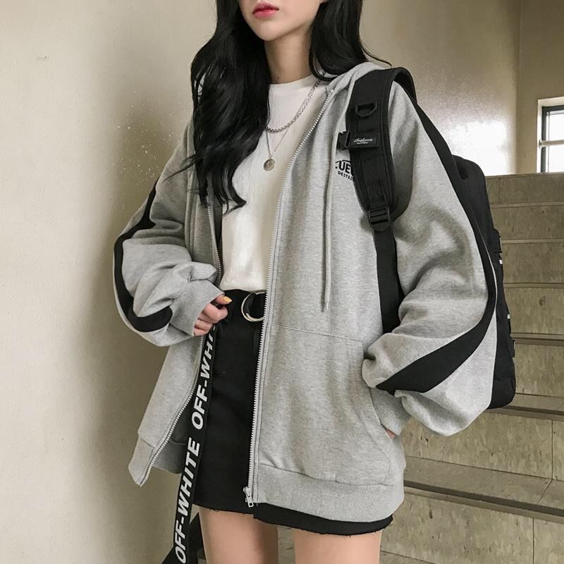 VOGUABLE  Women Hoodies Harajuku Korean Version Zip Up Loose Oversized Sweatshirts Casual Solid Color Long Sleeve Hooded Sweatshirt Coats