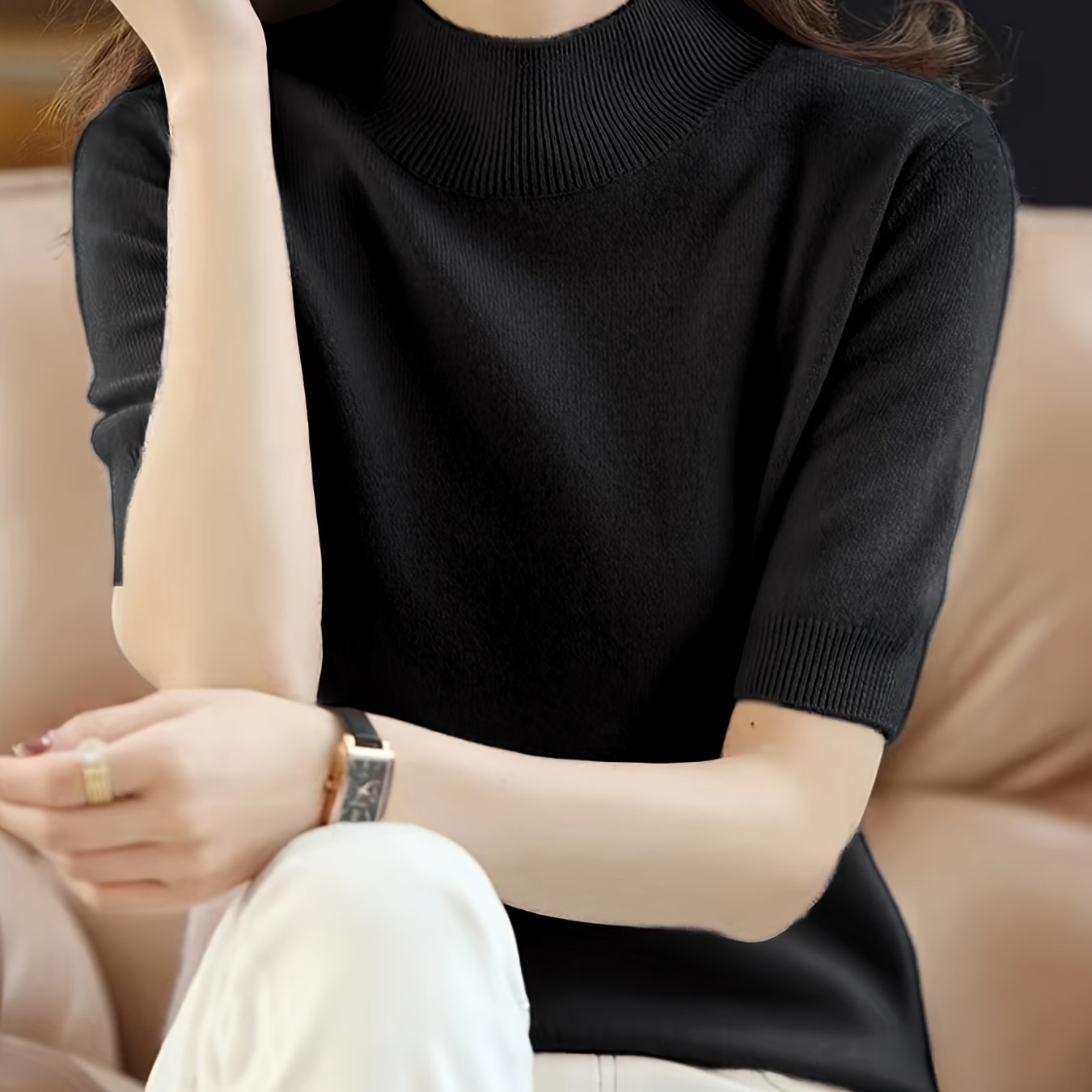Premium Soft Knit Womens Sweater - Chic Mock Neck, Short Sleeve Pullover - Stylish & Elegant Wardrobe Staple