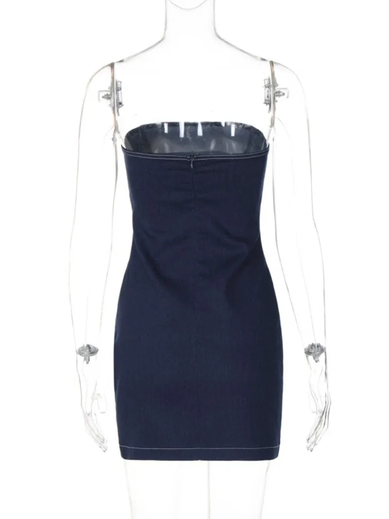 Ingvn  Woman Clothes Strapless Solid Blue Denim Dress Y2K Streetwear  Ladies Sleeveless High Waist Backless Zip-up Short Dresses