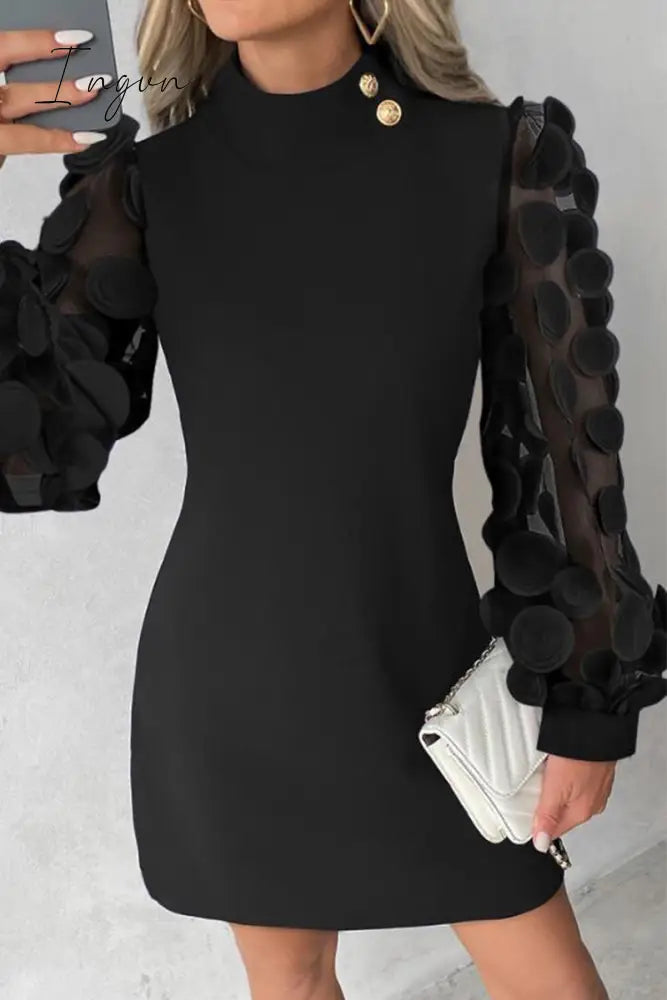 Ingvn - Elegant Solid Buttons Appliques Half A Turtleneck A Line Dresses