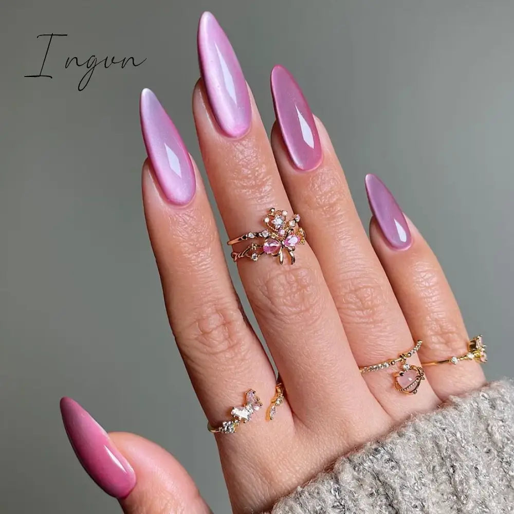 24pcs Short Glitter Purple False Nails  Almond Stiletto French Wearable Fake Nails Art Artificial Full Cover Press on Nail Tips
