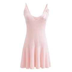 Sexy Elegant Women Floral Appliques Slim Knit Sling Dress V Neck A-line Mini Lady Dresses  Summer Robe
