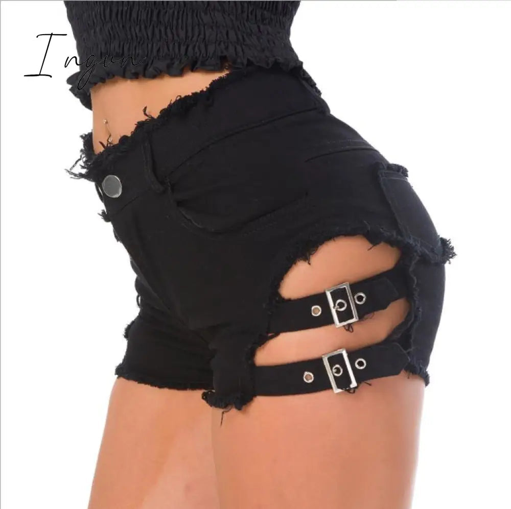 Ingvn - Sexy Low Waist Bandage Denim Ripped Hole Short Jeans Women Mini Skinny Sexy Club DJ Dance Shorts New White Blue Black