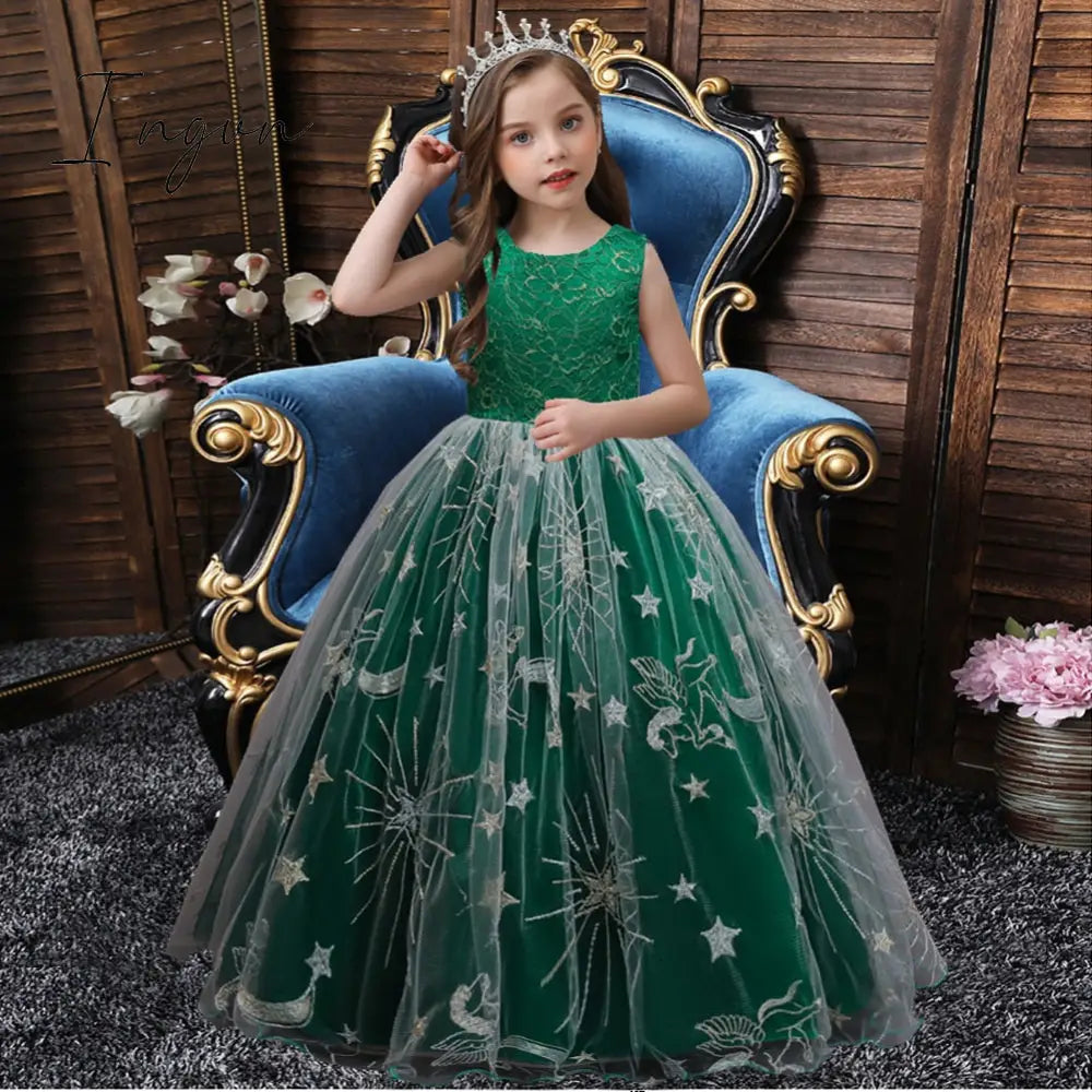 Ingvn - Summer Kids Princess Dress Girls Flower Embroidery Dress For Girls Vintage Wedding Party Formal Ball Gown Children Clothing
