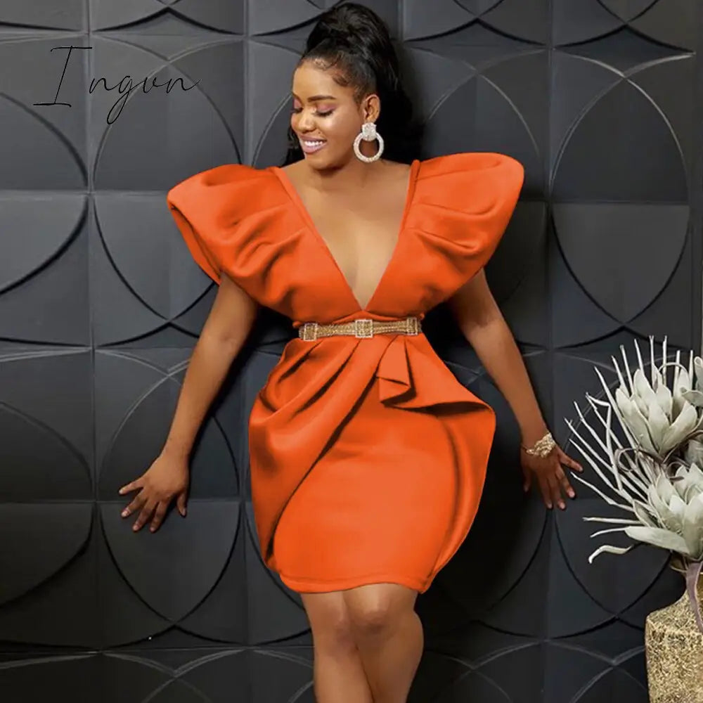 Ingvn - Deep V Neck Dresses Cape Sleeve High Waist Sexy Bodycon Ruffles Ladies Cocktail Club Party Event Outfits for Women Summer 4XL