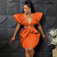 Ingvn - Deep V Neck Dresses Cape Sleeve High Waist Sexy Bodycon Ruffles Ladies Cocktail Club Party Event Outfits for Women Summer 4XL