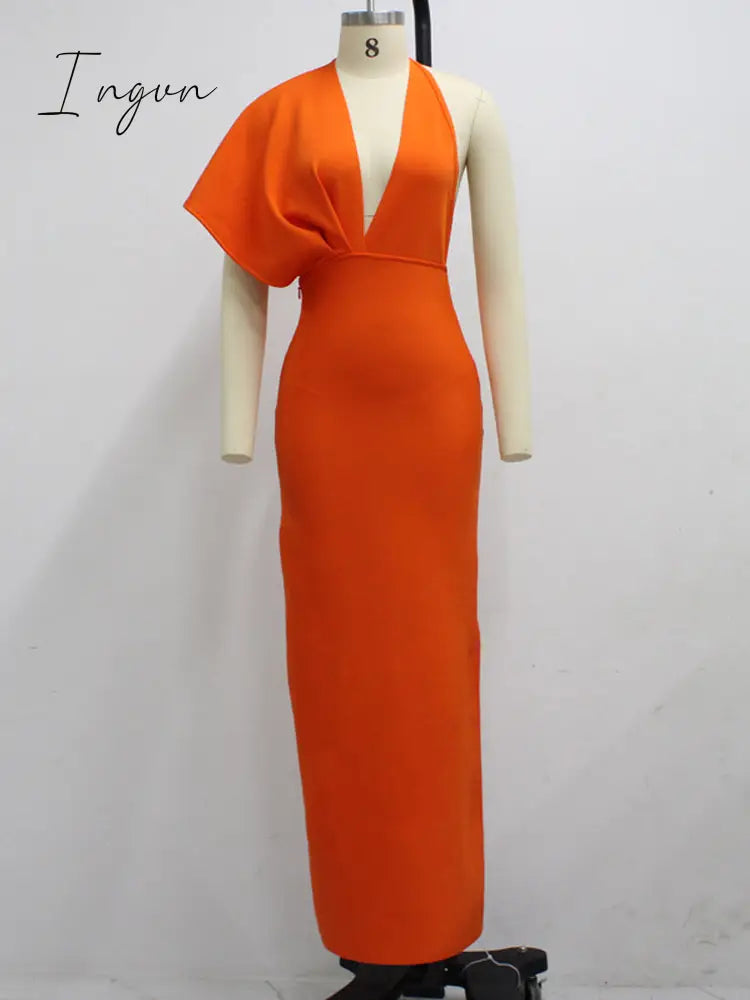 Ingvn - 2023 Fashion Trends Draped Backless Women Side Split Evening Club Party Dress New Sexy V Neck Orange Black Long Bandage Dress Vestidos