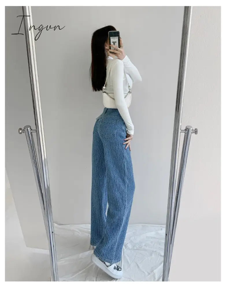 Ingvn - Women Jeans High Waist Casual Streetwear y2k Baggy Office Lady New Fashion Korean Denim Trousers Female Straight Wide Leg Pants