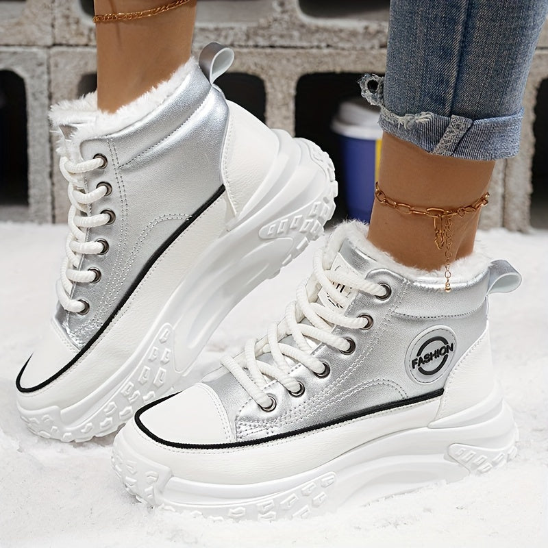 Cozy & Stylish Women's High-Top Sneakers - Plush Lined, Thick Sole, Warm Winter Booties with Lace-Up Closure