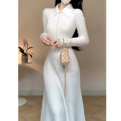 Elegant White Knitted Dresses for Women Autumn Winter Korean Fashion Slim A-line Long Sleeves Sweater Casual Female Clothes
