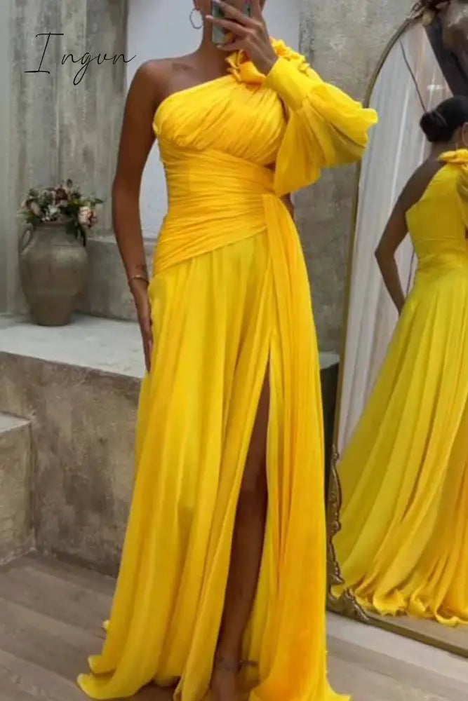 Ingvn - Elegant Solid Fold Oblique Collar Evening Dress Dresses