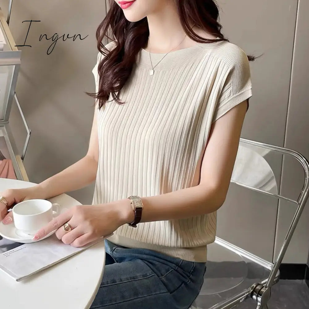 Ingvn - Bat-Sleeved Short-Sleeved T-Shirt Women's Summer New Black Ice Silk Knitted Sweater Loose One-Word Collar Top Thin