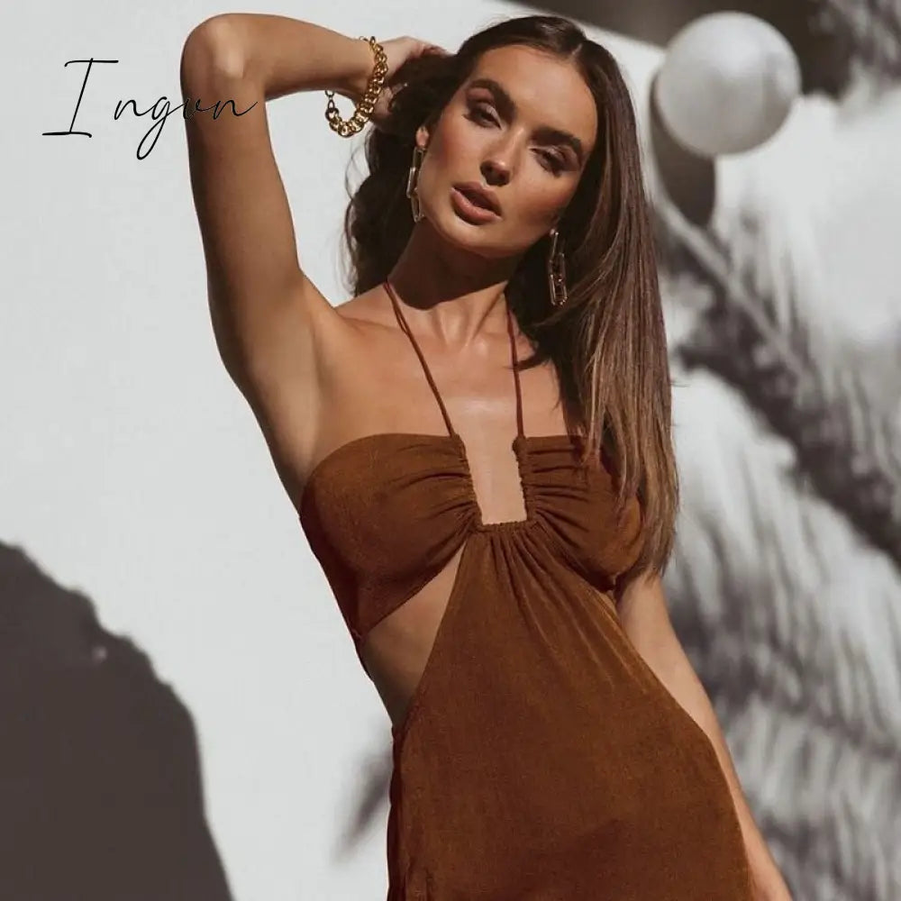 Ingvn - Sexy Hollow Out Corset Maxi Dress Party Dress Women Halter Cut Out  Wrap Split Long Dresses Summer Backless Clubwear Midi Robe