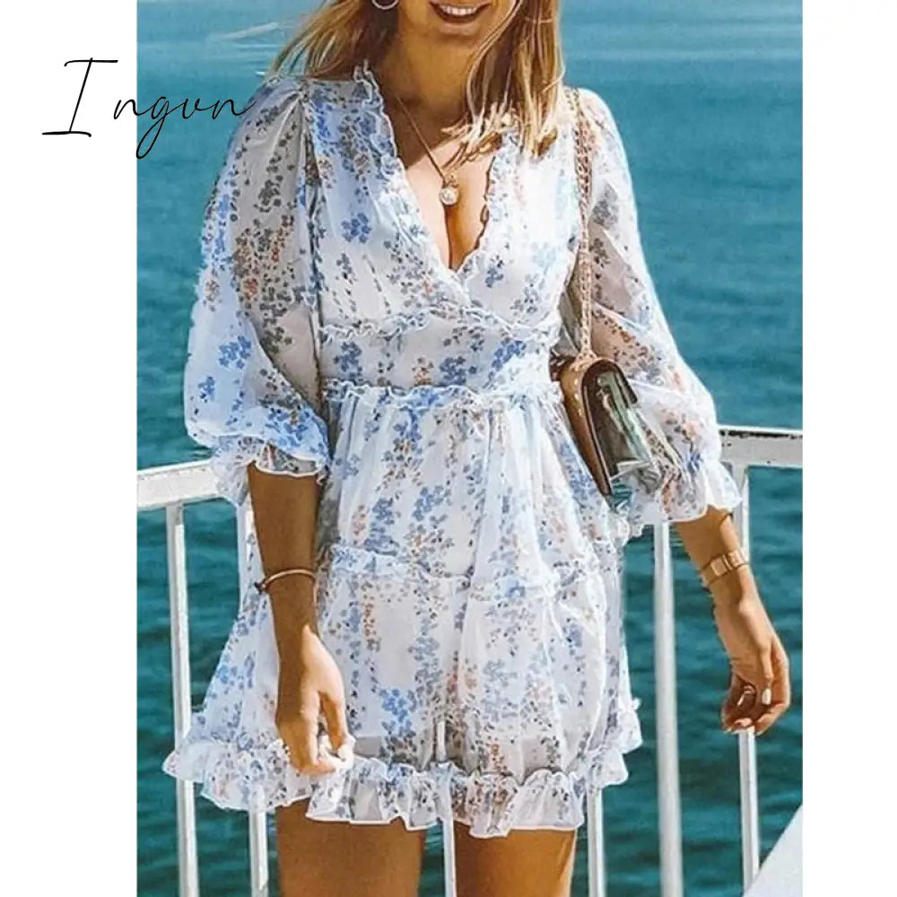 Ingvn - Harlow Floral Print Ruffle Dress women backless V-neck dress women mini summer dress ladies party dress