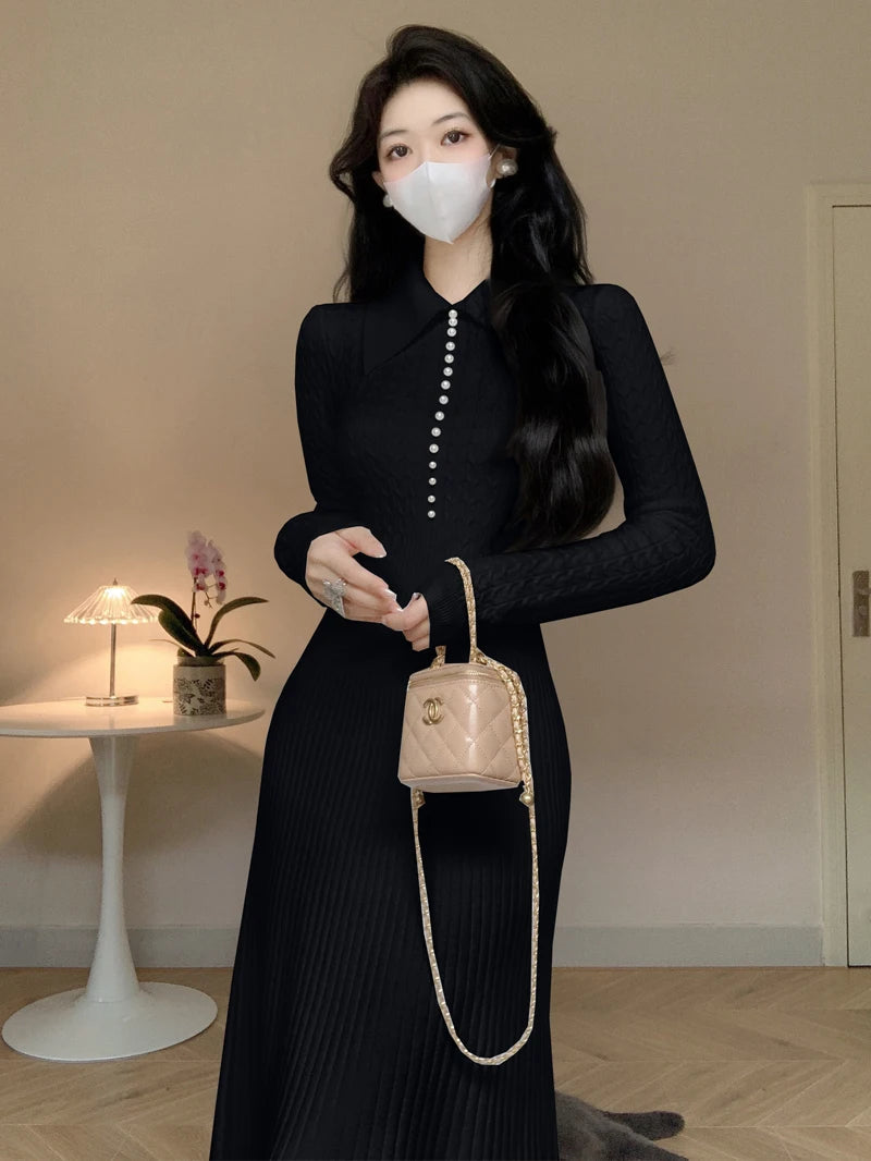 Elegant White Knitted Dresses for Women Autumn Winter Korean Fashion Slim A-line Long Sleeves Sweater Casual Female Clothes