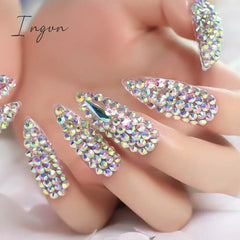 Extra Long Stiletto Press on False Nails Full Cover 3D Rhinestone Fake Nails Manicure Nail Art Tips Set for Wedding Party