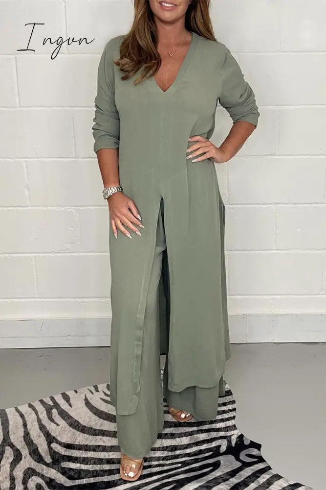 Ingvn - Casual Simplicity Solid Slit V Neck Long Sleeve Two Pieces(6 Colors)