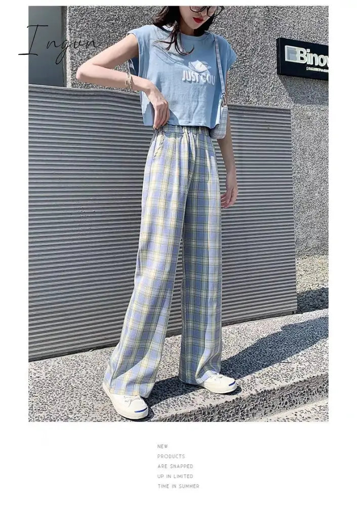Ingvn - Vintage Plaid Pants Women High Waist Plus Size Wide Leg Casual Female Trousers Summer Joggers Clothes Streetwear Girl Pants