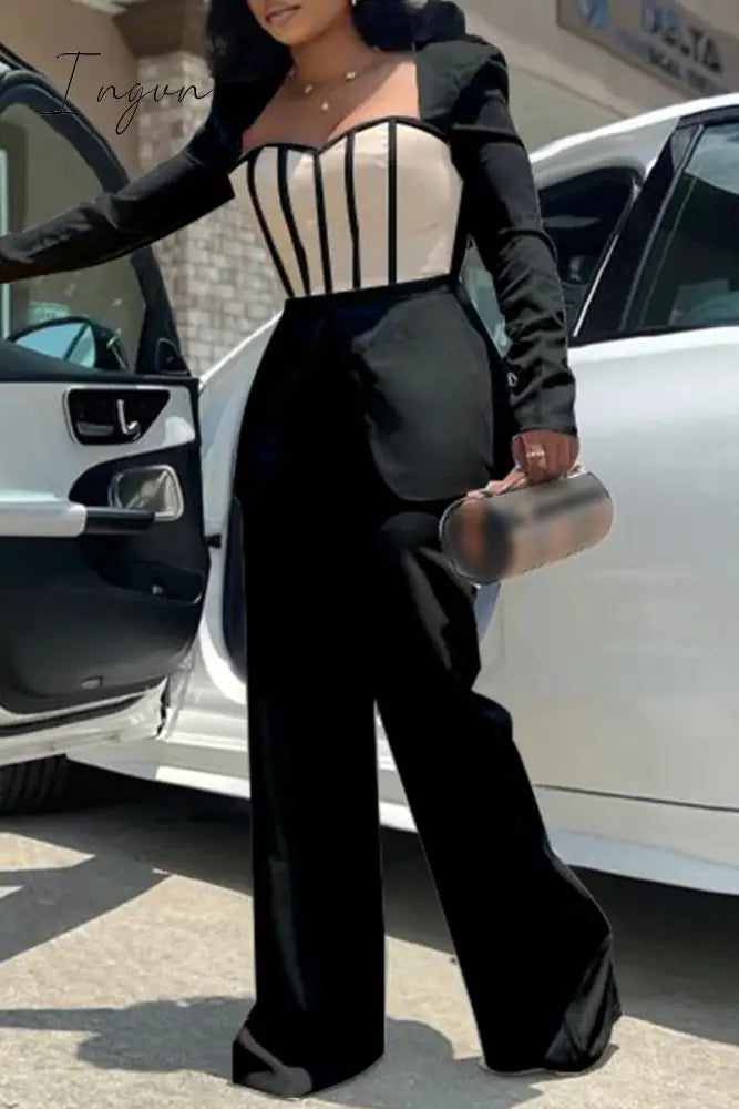 Ingvn - Casual Patchwork Contrast Square Collar Regular Jumpsuits
