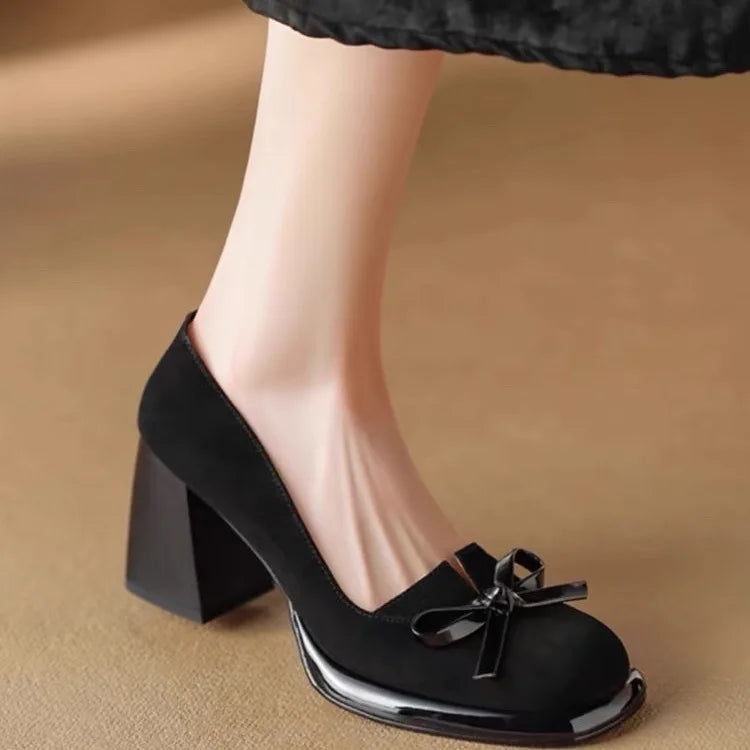 Women Spring Autumn Pumps Chunky High Heels Shoes for Ladies New Bow Suede Fashion Heels Women Brown Platform Square Toe Zapatos