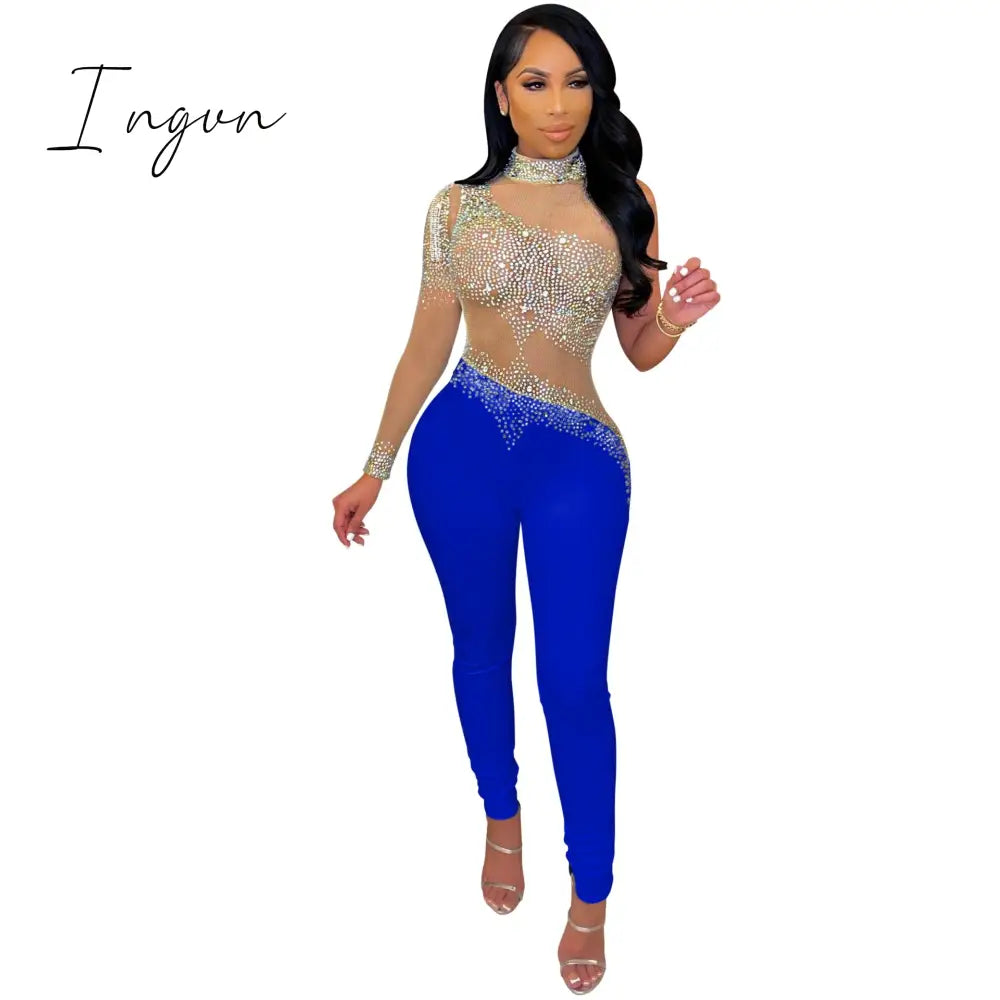 Ingvn - Sheer Mesh Diamonds Sequined Pearls High Split Long Dress For Women Straps Bodycon Long Vestidos Night Party Rhinestone Outfits