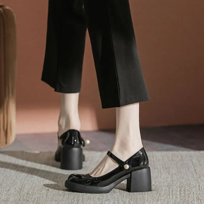 Ingvn  Shoes for Woman  with Medium Heels Gothic Women's Summer Footwear Japanese Style Lolita Pearl Round Toe Mary Jane Platform E