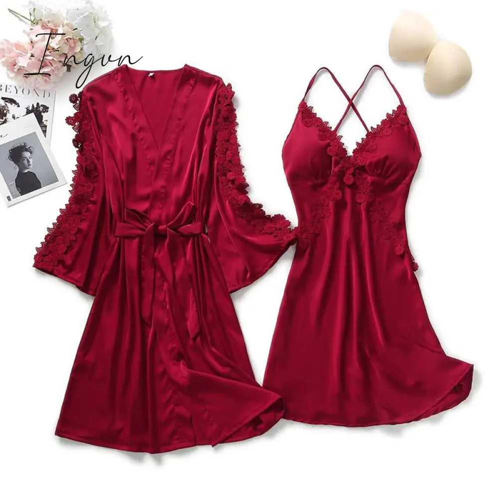 Ingvn - Lace Trim Sexy Wedding Lady Robe Suit Loose Satin Bride Bridesmaid Kimono Bathrobe Gown Mini Sleepwear Rayon Intimate Lingerie
