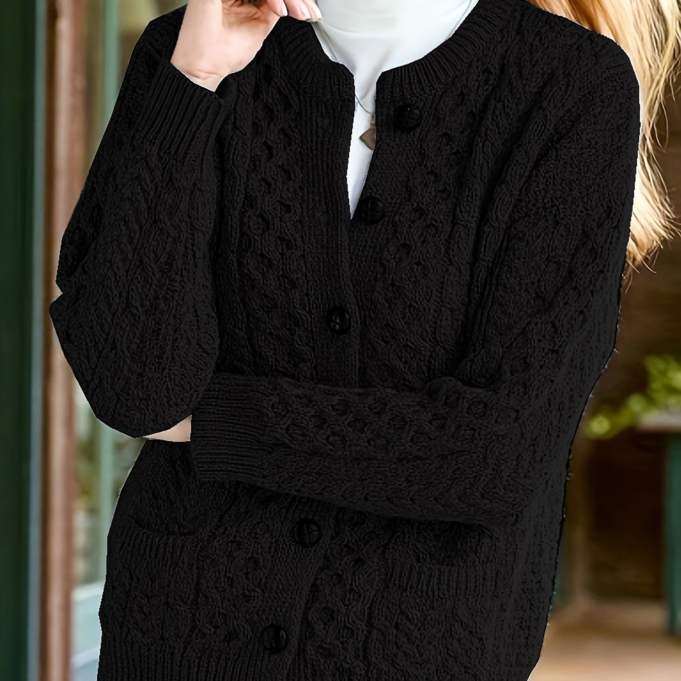 Cozy Chic Cardigan - Soft Knit, Crew Neck, Long Sleeve, Pocket Detail, Casual Women's Sweater for Everyday Wear - Perfect for Work, Date Night, or Relaxation