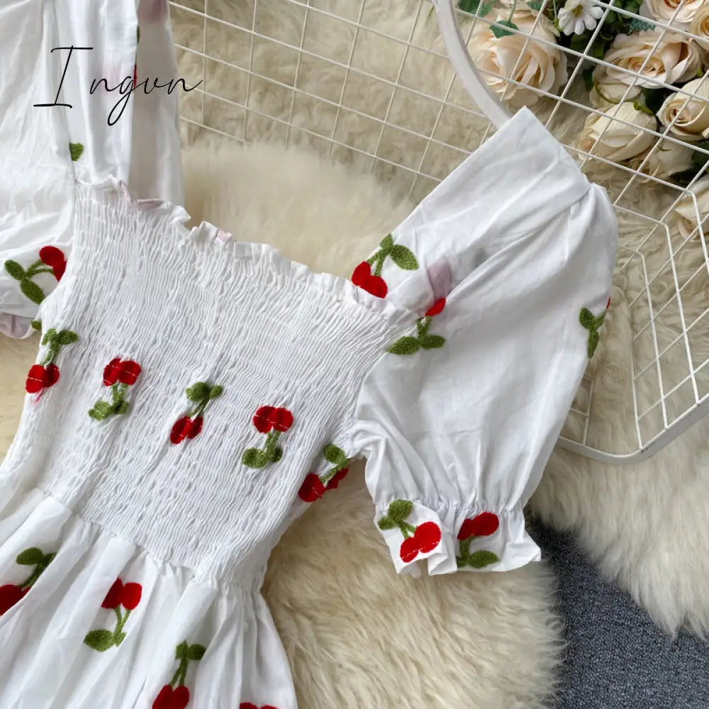Ingvn - Strawberry Dress Cherry Kawaii Embroidery Puff Sleeve Dress Women Vintage White Square Neck Beach Dresses Korean Clothes