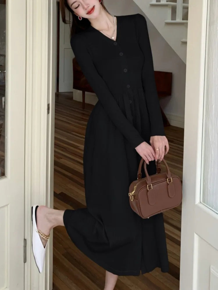 Autumn Vintage Knitted Dress for Women Elegant Single Breasted V-Neck Long Sleeves A-Line Party Dresses Slim Waist Vestidos New