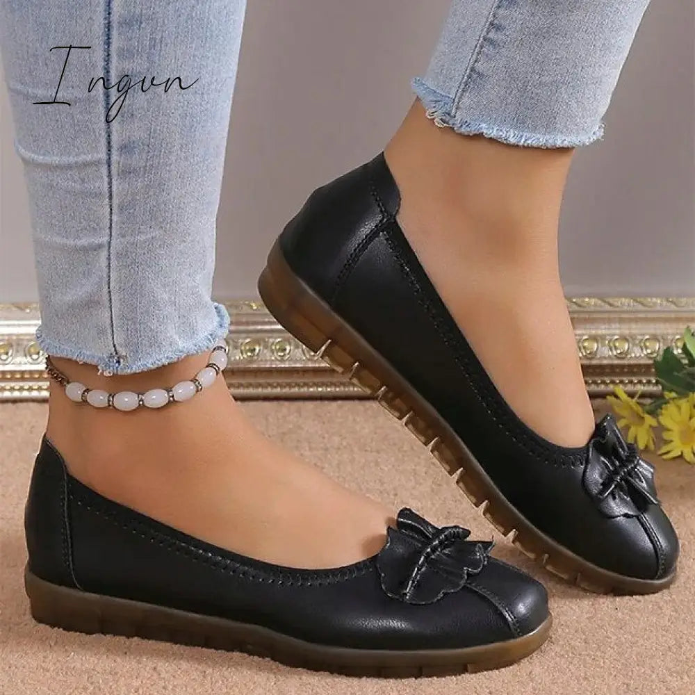 Ingvn - Women's Flats Ballerina Mary Jane Work Daily Bowknot Flat Heel Round Toe Casual Comfort Walking Shoes PU Loafer Floral Black Apricot