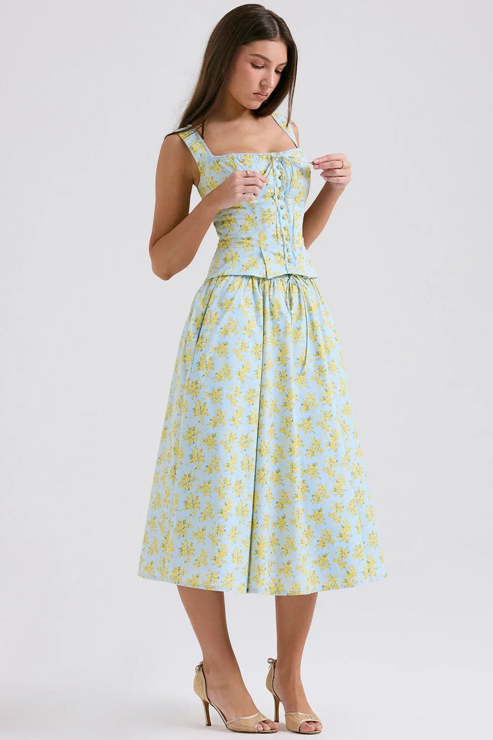 Summer Floral Print 2 Piece Dress Set 2024 Casual Elegant and Beautiful Women Dresss Midi Party Holiday Dress Sets