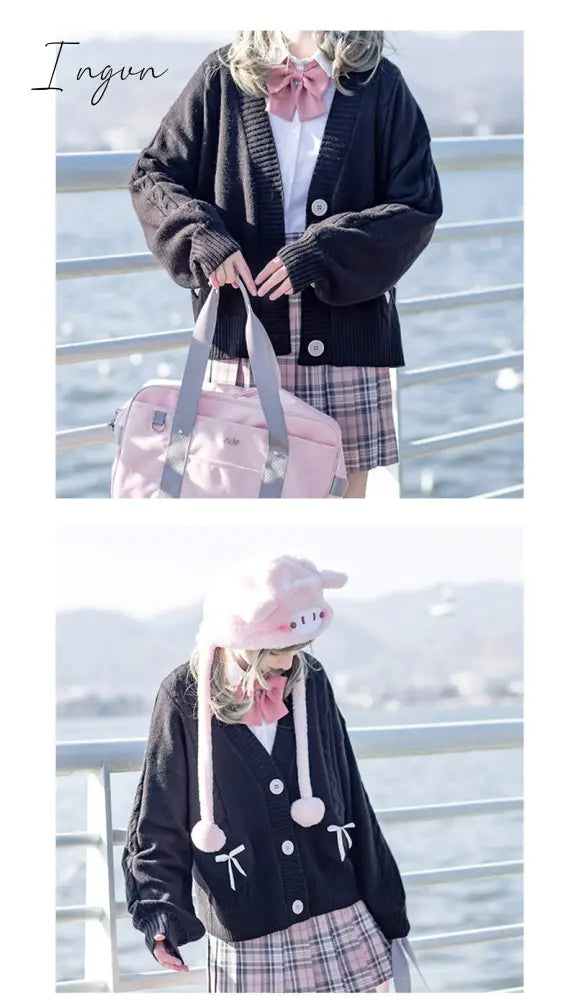 Ingvn - Spring Japan Kawaii Fashion Pink Cardigan Women Vintage Crop Knitted Sweater Cute Bow Heart Korean JK School Coat