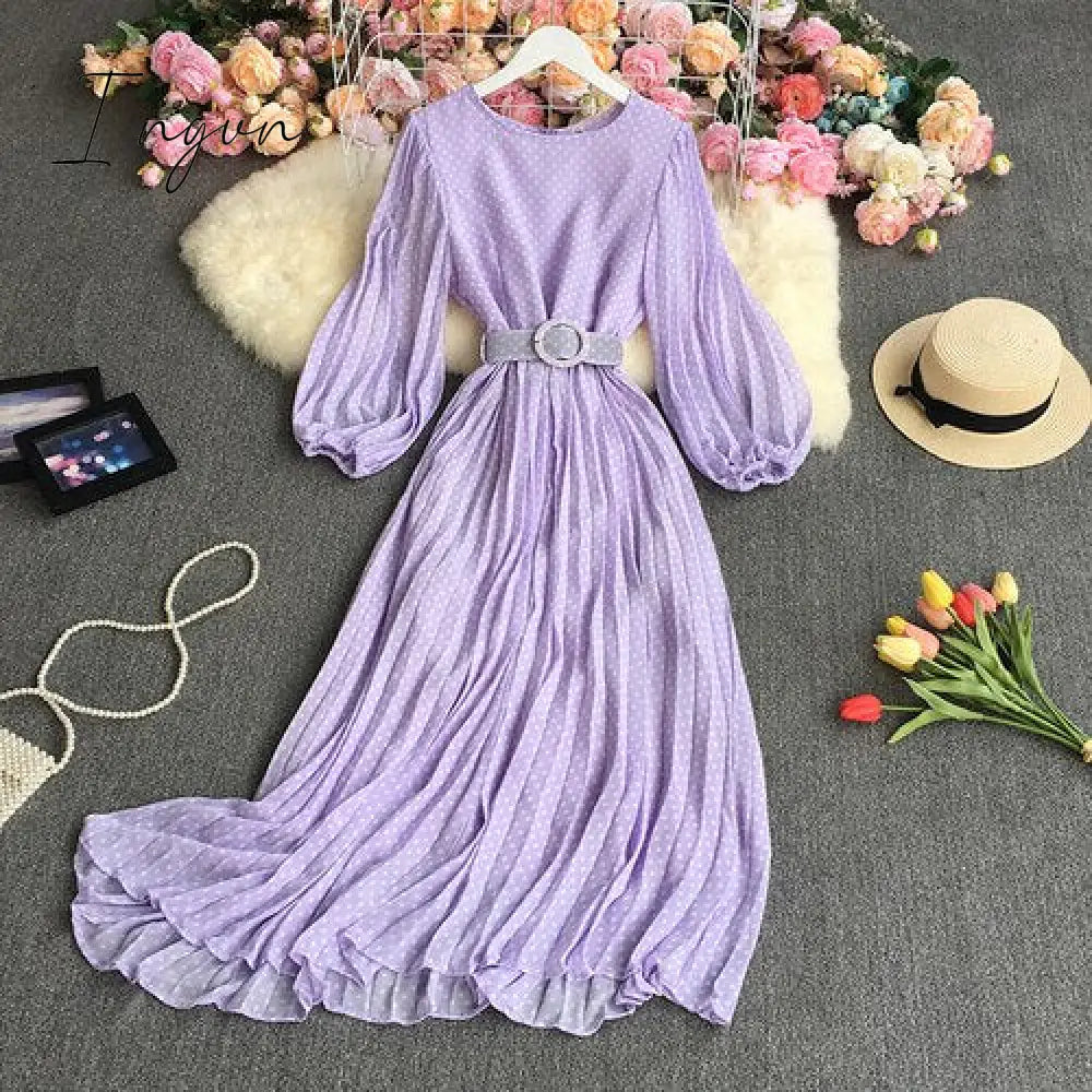 Ingvn - New Spring Autumn French O-neck long sleeve Dress polka dot printing high waist lace up mid-length A-line pleated Dress