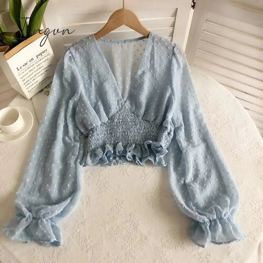 Ingvn - Women Fashion Spring Women Sweet Spot Blouse Ladies Fashion Chiffon Pullover Shirt V-neck Slim Long Puff Sleeve Folds Tunic Short Top