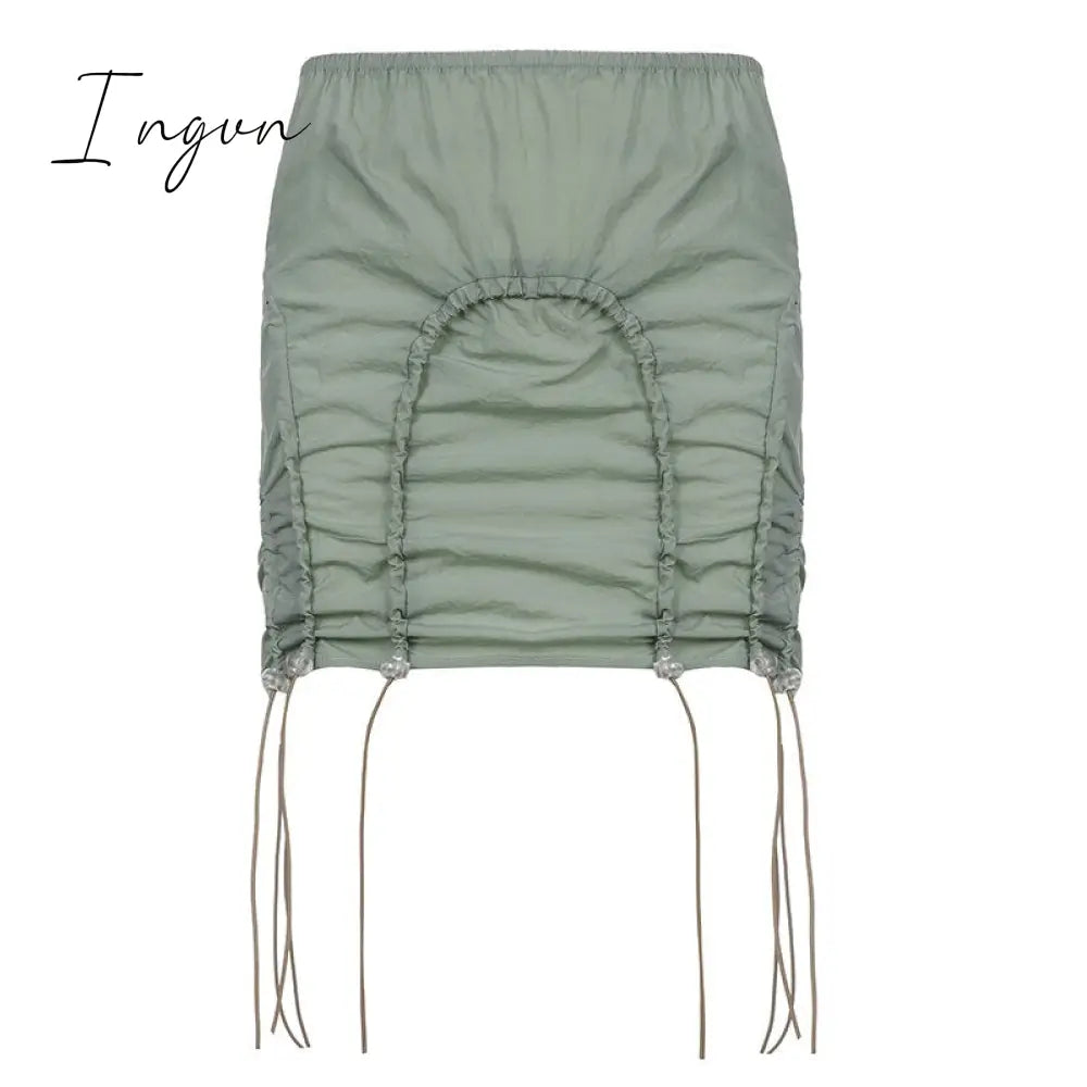 Ingvn - Hot Sell Retro Green Low Waist Summer Beach Skirt Drawstring Hem Slim Y2K Mini Skirts Womens Vintage Casual Vacation Outfits