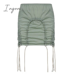 Ingvn - Hot Sell Retro Green Low Waist Summer Beach Skirt Drawstring Hem Slim Y2K Mini Skirts Womens Vintage Casual Vacation Outfits
