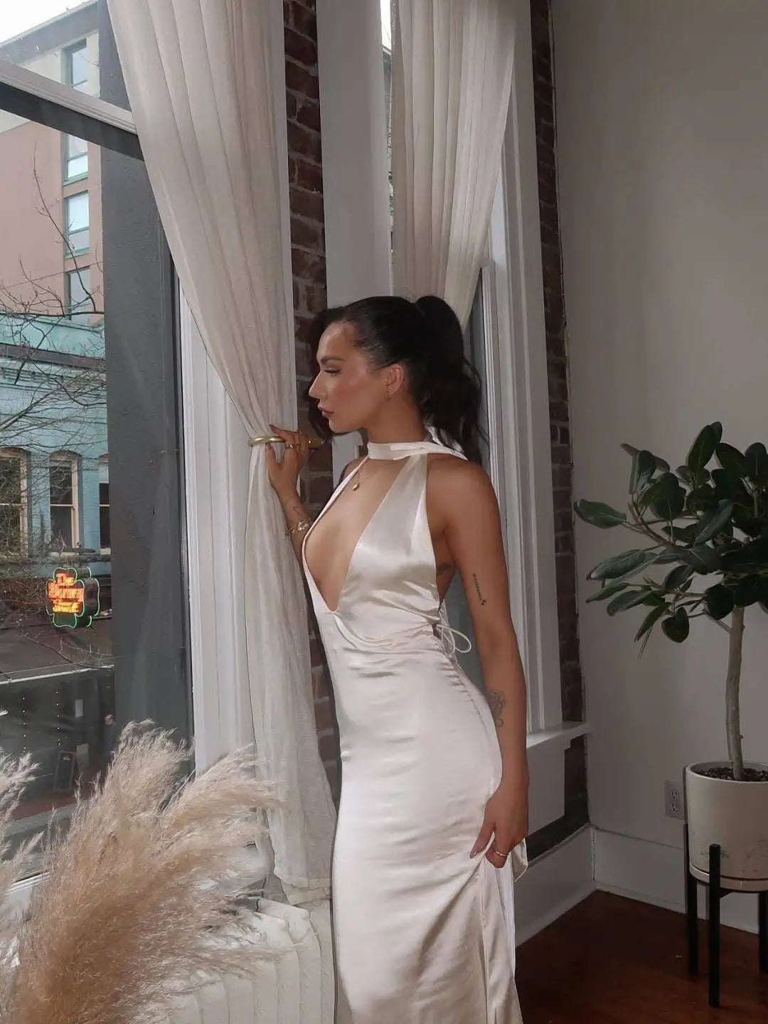Sexy Sleeveless Satin Open Back Dress For Women Deep V Lace Up Slim Fit Evening Dress Female Elegant Party Club Vestidos