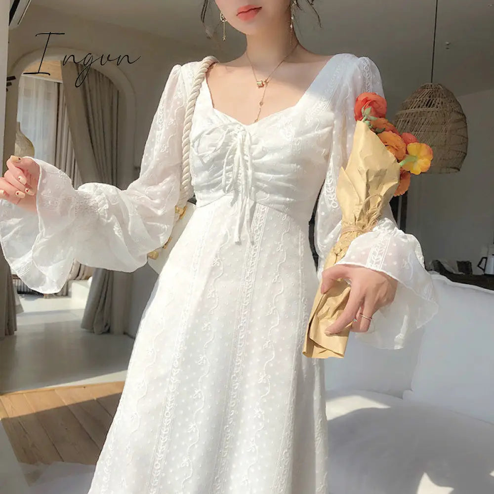 Ingvn - Vintage Fairy Dress Women Elegant Designer Chiffon Dress Long Sleeve French Party Midi Dress Casual Women's Clothing Autumn