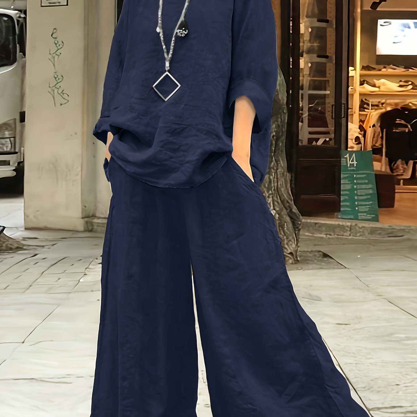 Plus Size Casual Outfits Set, Women's Plus Solid Round Neck Long Sleeve Top & Wide Leg Pants With Pockets Outfits Two Piece Set