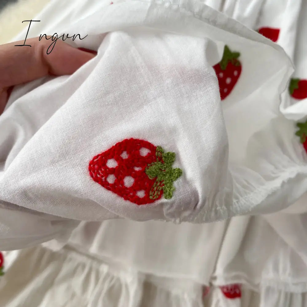 Ingvn - Strawberry Dress Cherry Kawaii Embroidery Puff Sleeve Dress Women Vintage White Square Neck Beach Dresses Korean Clothes