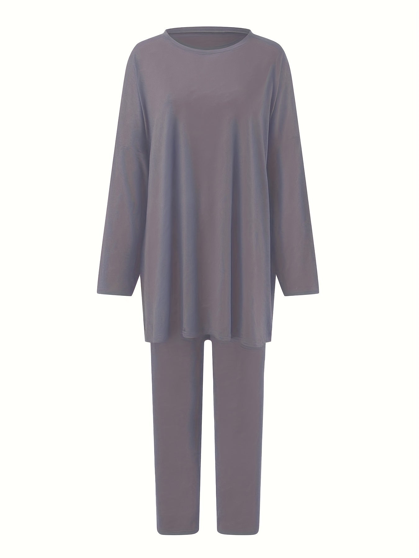 Plus Size Casual Outfits Set, Women's Plus Solid Long Sleeve Round Neck Oversized Top & Leggings Outfits Two Piece Set