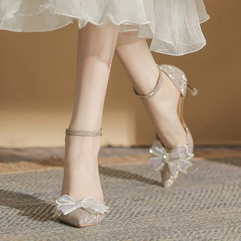Ingvn  Elegant Silver High Heels Pumps Women Autumn Plus Size 42 Ankle Straps Party Shoes Woman Pointed Toe Bowtie Wedding Shoes